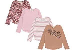 BTWEEN Girls Long Sleeve Fall Graphic Tops, School Sports Tees, 4 Pack Multiple Pattern Tshirts
