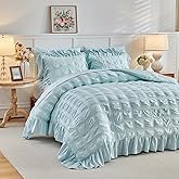 Tititada Blue Plaid Seersucker Comforter Set with Ruffled Fringe Twin Size, 3 Pieces Soft Fluffy Farmhouse Bedding Set for All Season, Twin Bed Set with Ruffle Shams (Blue, Twin)