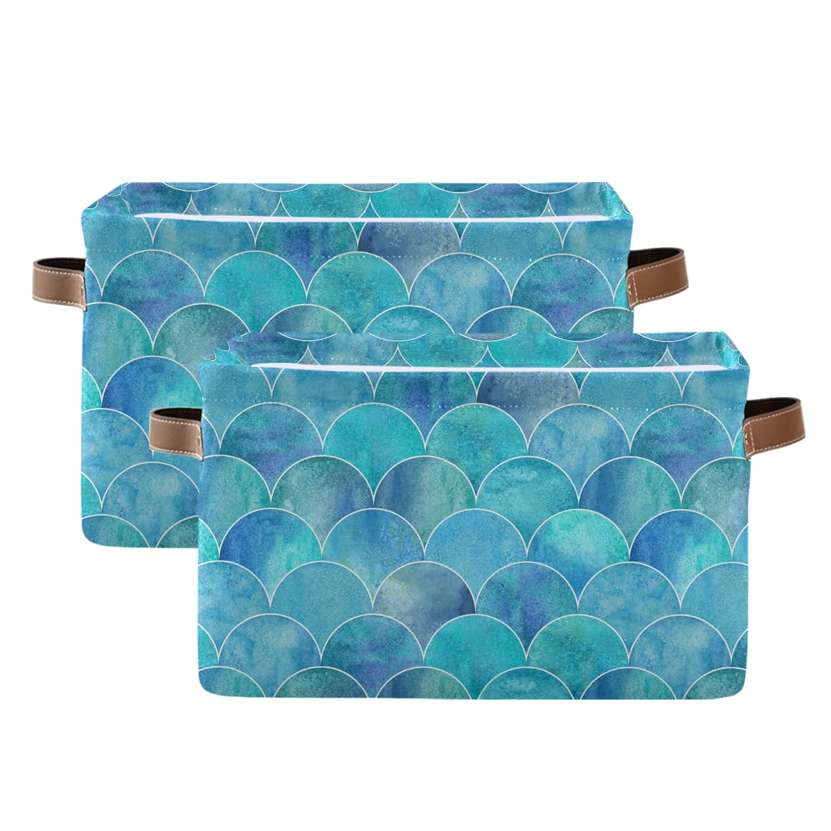 Fabric Storage Boxes with Leather Handle, Set of 2, Teal Turquoise Mermaid Scale Waterproof Collapsible Canvas Organiser Cubes Toys Clothes Storage Cube Bins for Shelves Closet Household Organizer — image 1