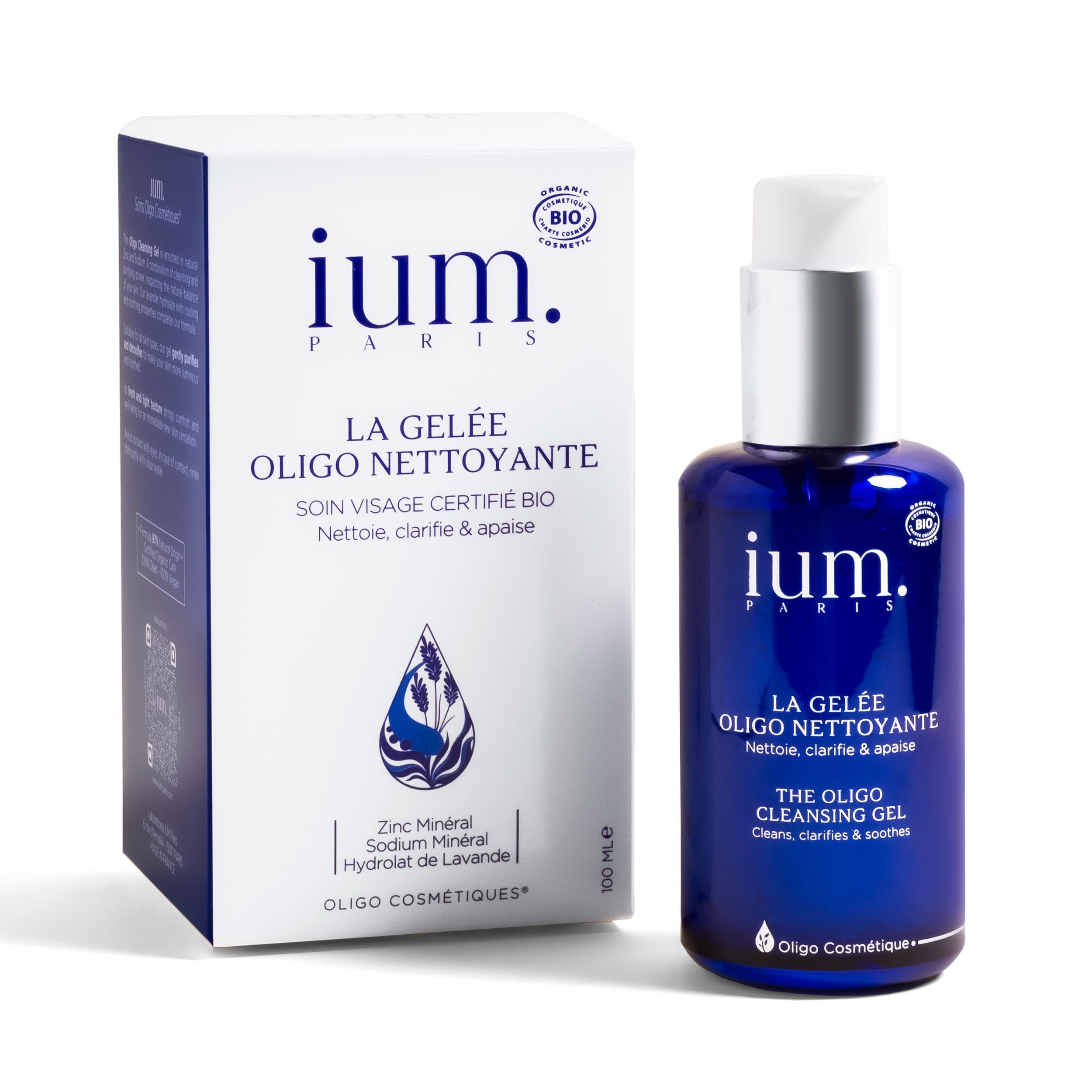 IUM Paris - Facial Cleanser Gel Enriched with Zinc and Sodium - Purifying and Soothing Face Cleanser - Makeup Remover for All Skin Types - Organic and Vegan, 100ML