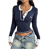 Milumia Women's Y2k Color Block Long Sleeve Henley Shirt Button V Neck Fitted Going Out Tops