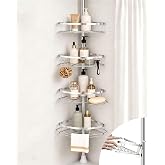 SEIRIONE Rustproof Corner Shower Caddy Tension Pole for Bathroom Organizers | Adjust Shelves in Seconds, Stainless Steel Baskets &amp; Rods, 4-Tier Storage Shelves for Shampoo Holders, Fits 34&ndash;116 in, Silver