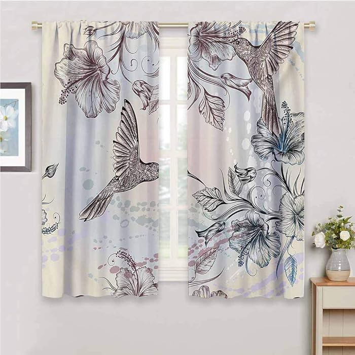 Rustic Curtains for Living Room Hummingbird Birds and Hibiscus Flowers Nostalgia Antique Artistic Design Classical Print for Living Room or Bedroom W63 x L45 Inch Teal Brown