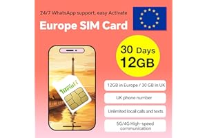 MEWFI UK SIM Card 30Days 30GB / Europe SIM Card 30Days 12GB, Unlimited Local Calls and SMS, Applicable to 72 Countries, Support 4G/5G Operating Networks, Easy Activation & 24/7 Whatsapp Support