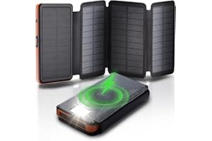 X-DRAGON Solar Power Bank Qi Wireless Charger 25000mAh with 4 Solar Panels Waterproof Portable External Backup Battery Pack with Dual Outputs & Inputs, LED Flashlight for Smartphones, Tablets and More