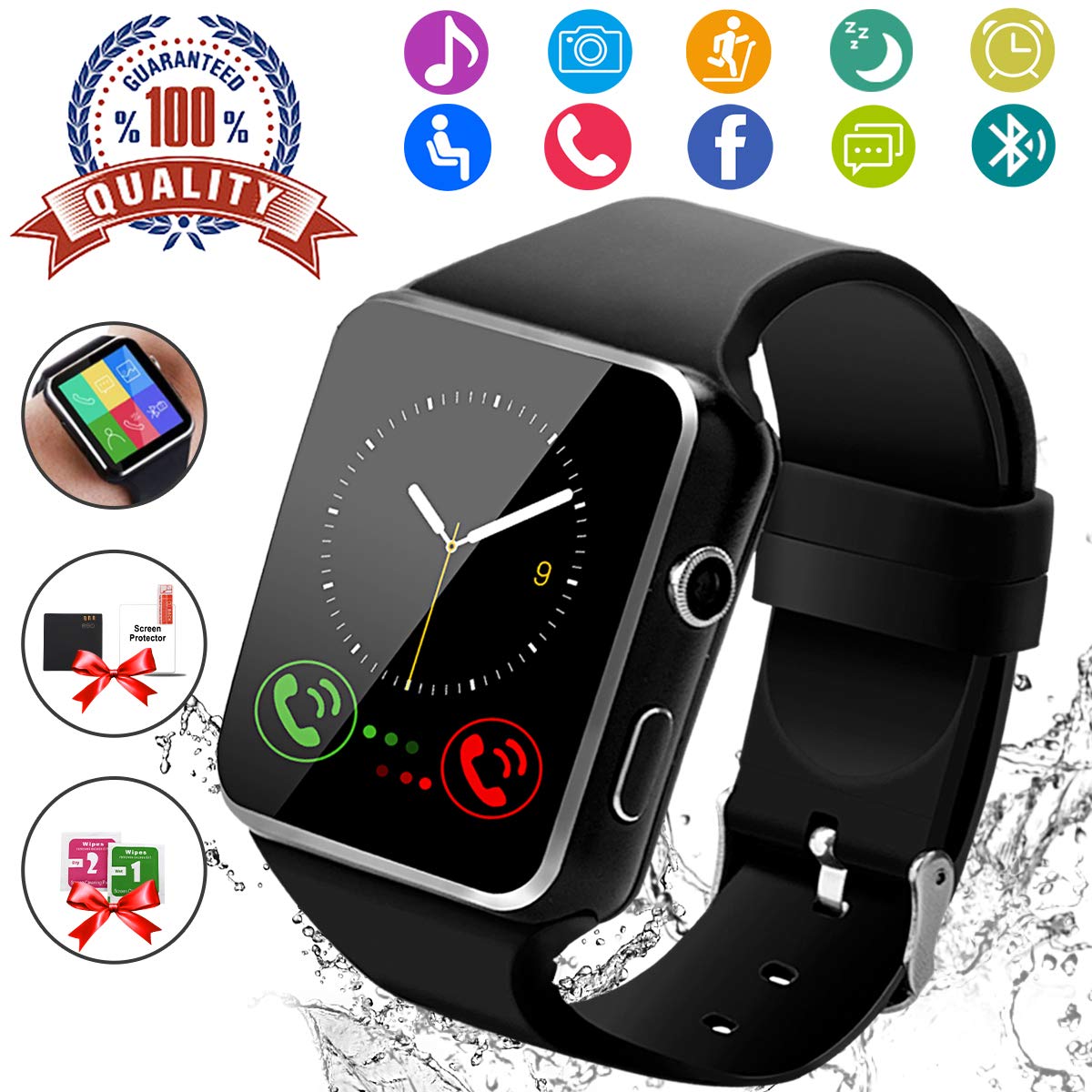 Smart Watch, Bluetooth Smartwatch Touch Screen Wrist Watch with Camera/SIM Card Slot,Waterproof Smart Watch Sports Fitness Tracker Android Phone Watch ...