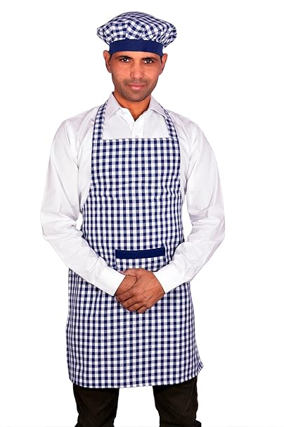 Switchon Blue And White Checkered Cotton Apron With Cap