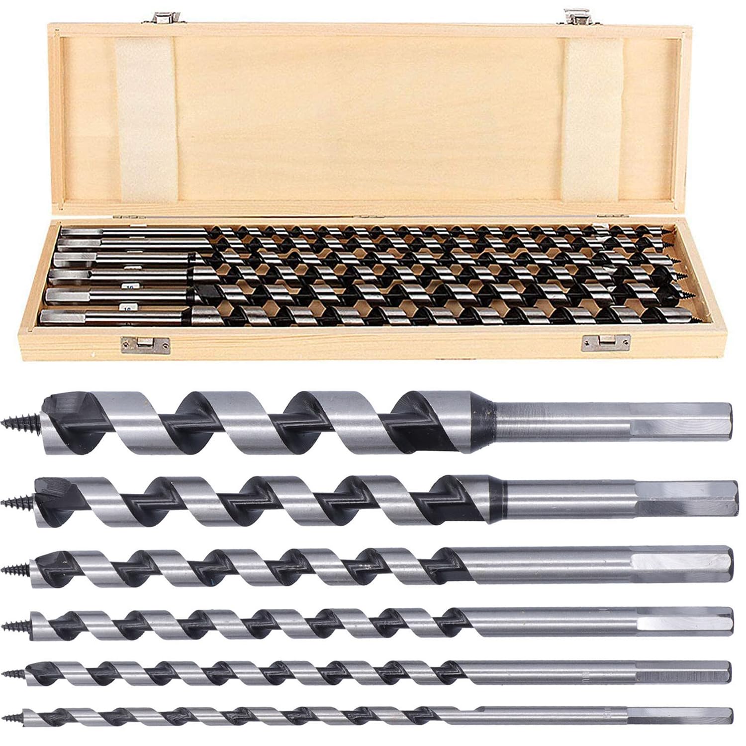 ybaymy Auger Drill Bit Set 5 Pieces 460 mm Wood Drill Long Deep Hole Drill Set Wood Bar Drill Spiral Drill Bit Set Bar Drill Wood Spiral Drill 12/14/16/18/20 mm in Wooden Box
