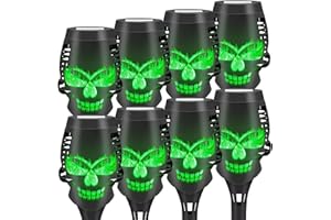 Liveasily 8 Pack Solar Torch Skull Light with Flickering Flame, Outdoor Waterproof Solar Halloween Skull Lights Decorations, Solar Torches Landscape Pathway Lights for Halloween Decor (Green)