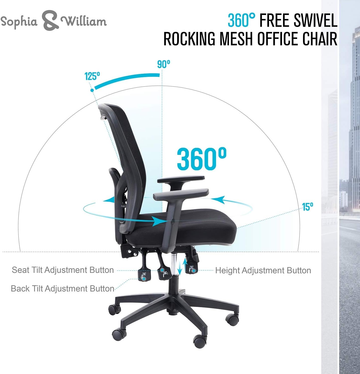 Sophia & William Ergonomic Rocking Mesh Office Desk Chair High Back, Modern 360° Swivel Executive Computer Chair with Height Adjustable Armrests, Lumbar Support, Black - 1 Pack, Load Capacity: 300 lbs: Kitchen & Dining