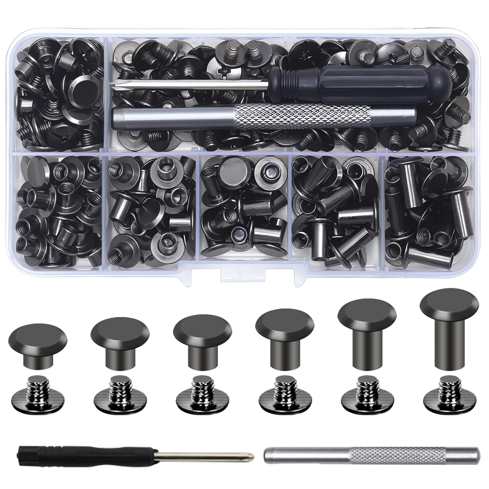 MOERDIFFER 110 Set Chicago Screw Posts, Chicago Screws, M5 x 4/5/6/8/10/12mm Rivet Chicago Binding Screws, Screw Rivets for DIY Leather Decoration, Bags, Crafts, Collars, Harness, Luggage, Purse