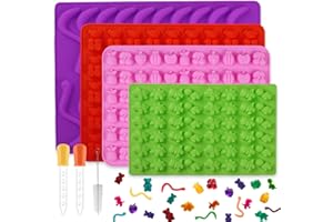 4 Pcs Silicone Gummy Candy Molds Kit,Non-Stick Chocolate Candy Gummy Mould with 2 Droppers Including Dinosaur, Bear, gummy wo