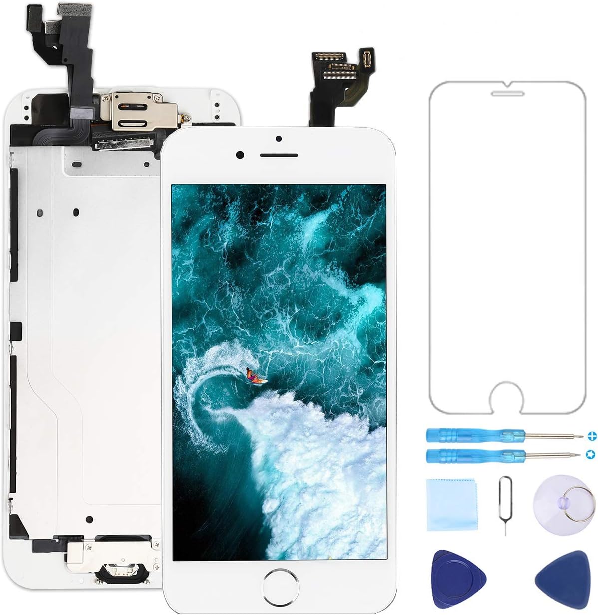 Screen Replacement for iPhone 6 White 4.7" Inch LCD Display Touch Digitizer Frame Assembly Full Repair Kit,with Home Button,Proximity Sensor,Ear Speaker,Front Camera,Screen Protector,Repair Tools