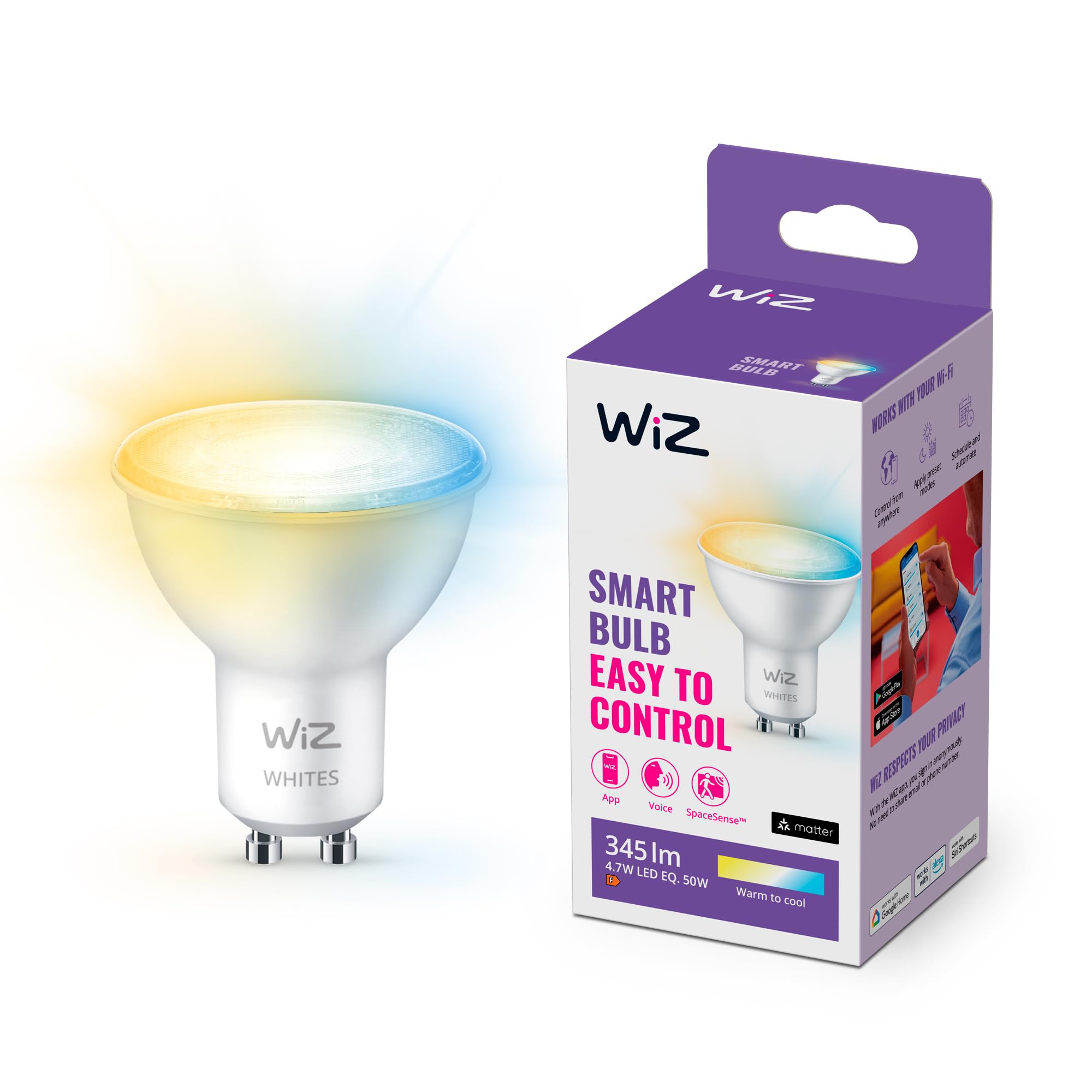 WiZ Smart Bulb, Tunable White [GU10 Spot] 50W, Smart LED Connected WiFi Works with Alexa, Google Assistant & HomeKit, App Control for Home Indoor Lighting, Livingroom, Bedroom, Energy Monitoring