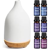 InnoGear 150ml Ceramic Diffuser for Home &amp; 6 Essential Oils Scent Gift Set | Ceramic Stone Cover, Cool Mist Humidifier, Aromatherapy, Up to 10hrs, Large Room, 7 Colors Light, Ultrasonic, Quiet, Auto Off