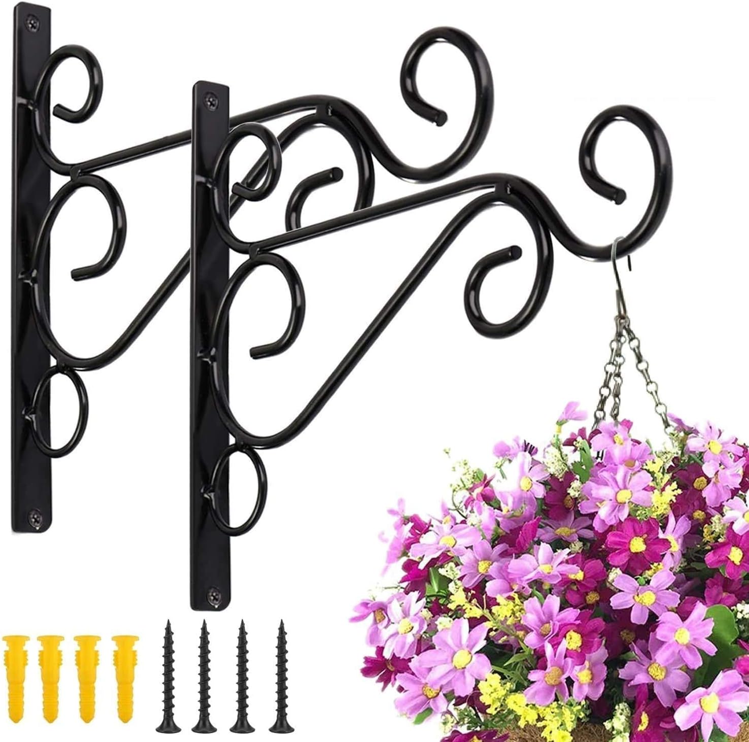 KSS 2Pcs Iron Plant Hanger Wall Hooks,Hanging Basket Brackets Wrought Iron Bracket for Lantern Planter Flower Hanger Fence (Black)