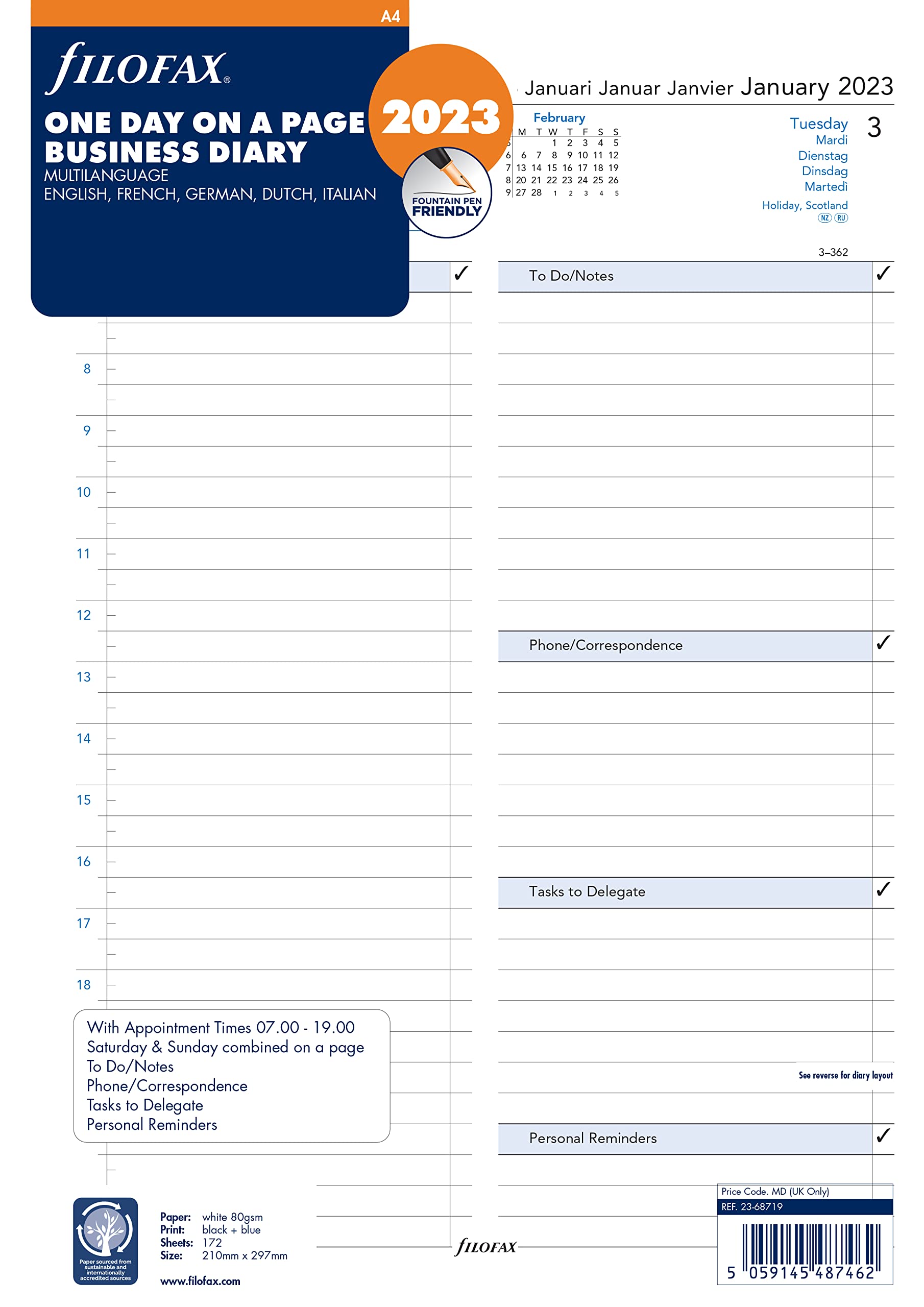 Filofax A4 Day per Page 5 Language appointments Diary - 2023