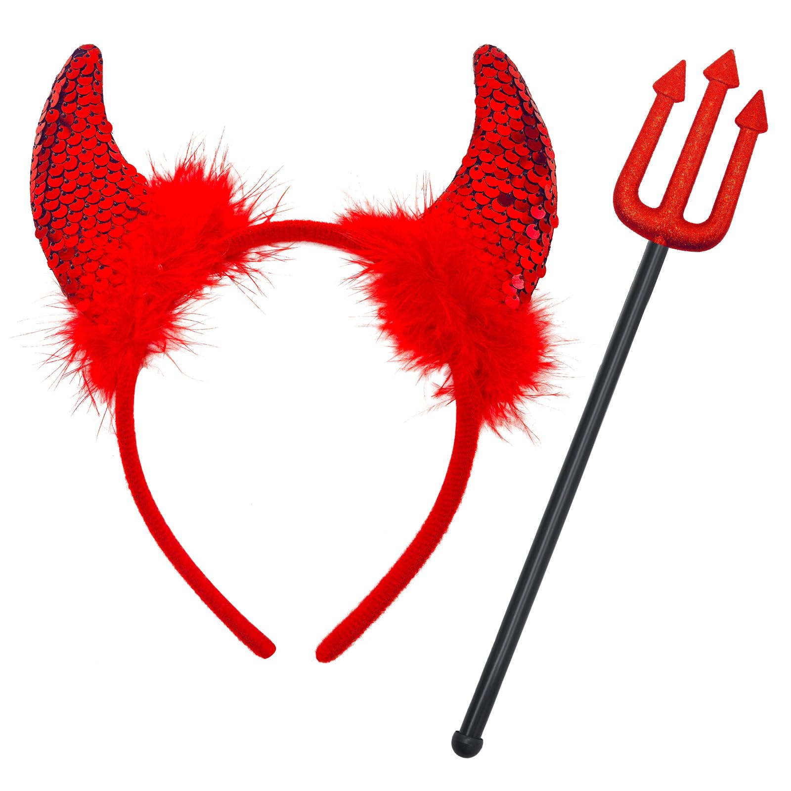 iwiio Halloween Headband, Red Devil Horns and Devil Fork Devil Set, Halloween Costume Photo Props, Red Devil Costume Accessories for Kids Adults