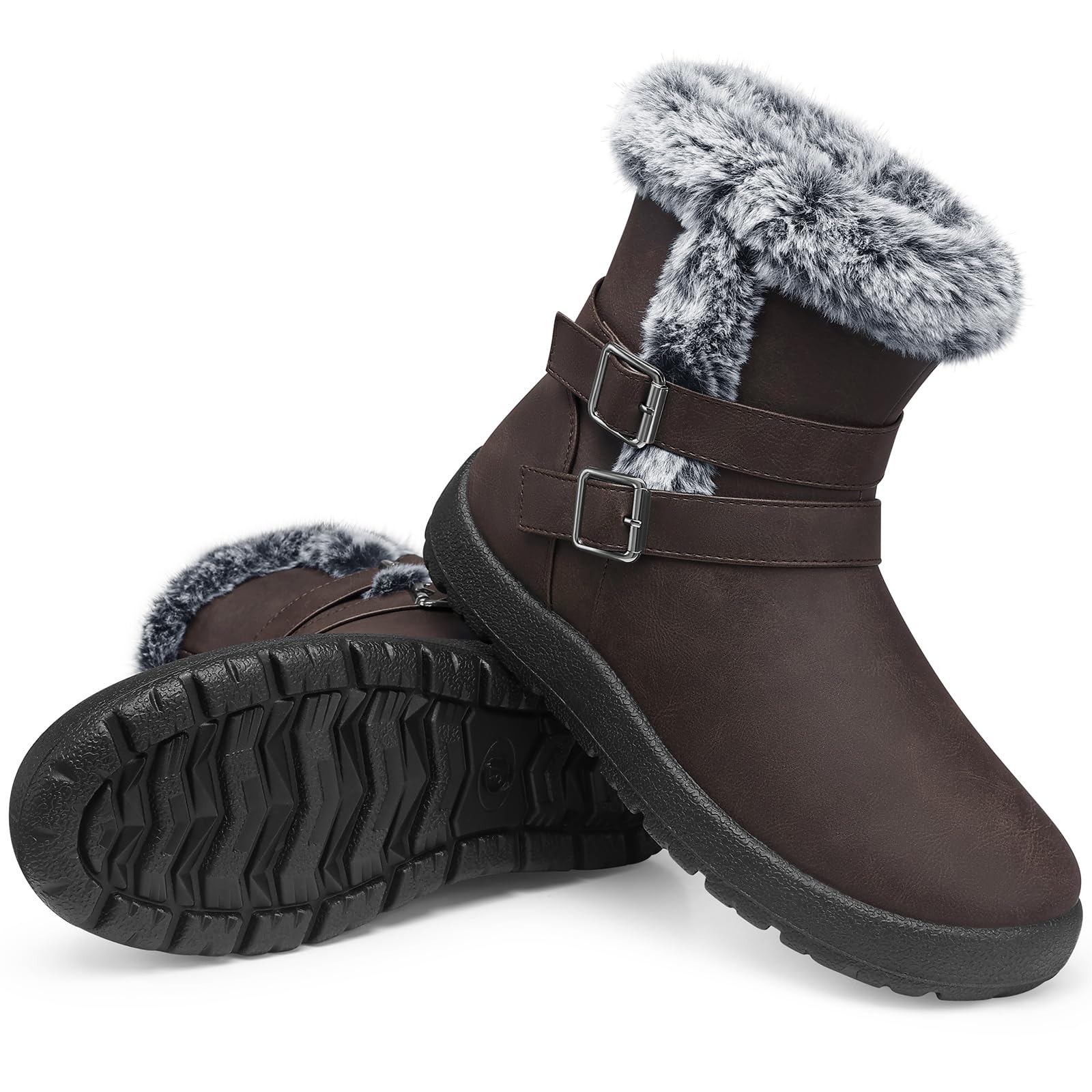 TEMOFON Women Winter Boots Waterproof: Fur Lined Ankle Warm Booties - Snow Boots Wide Width - Brown Non Slip Winter boot Size 7 Image
