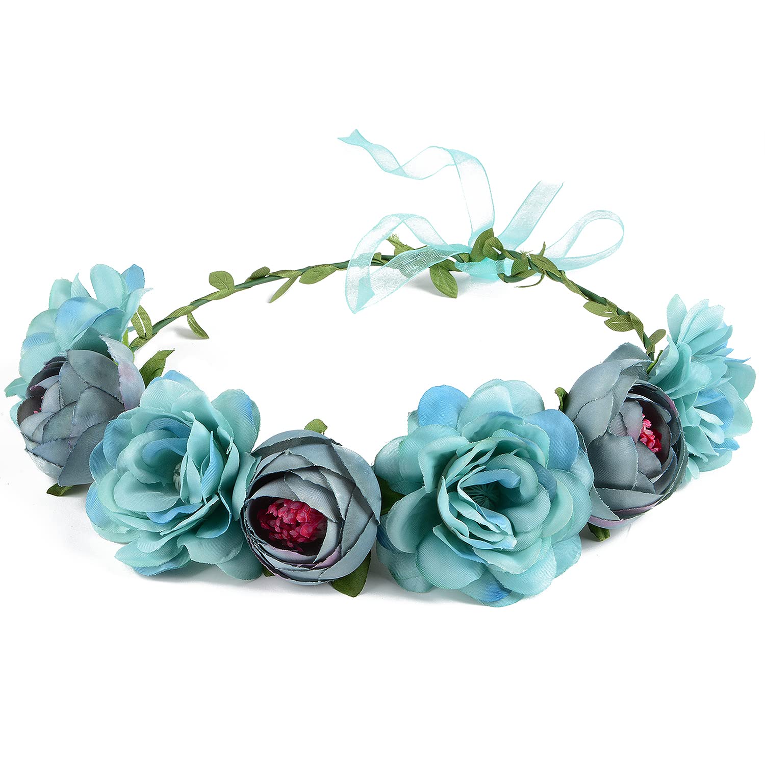 Flower Crown Rose Peony Garland Headband Hair Wreath Floral Headpiece with Adjustable Ribbon Wedding Festival Party (blue)
