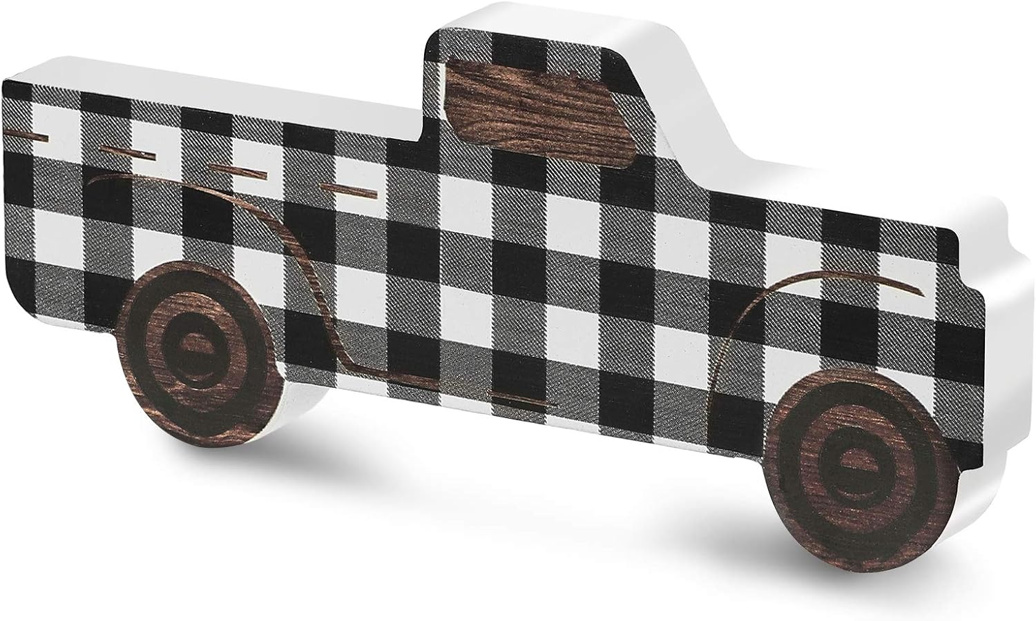 Rustic Wooden Pickup Truck, Black and White Plaid Wooden Pickup Truck Ornament, Wooden Pickup Truck Sign Decor for Window Shelf Desk and Home Decor
