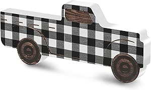 Rustic Wooden Pickup Truck, Black and White Plaid Wooden Pickup Truck Ornament, Wooden Pickup Truck Sign Decor for Window Shelf Desk and Home Decor