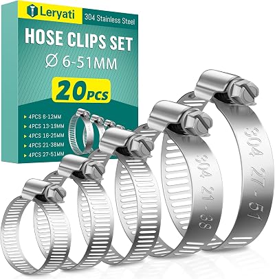 Leryati 20 Pcs Adjustable Hose Clips 6-51mm 304 Stainless Steel Set
