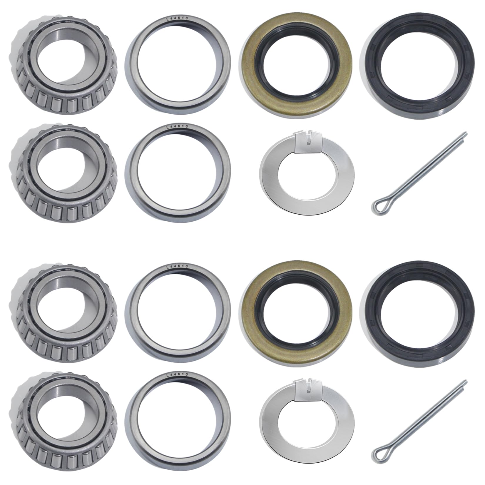 Photo 1 of GREPSPUD 2Sets for 1-1/16'' Axle Trailer Hub Bearings Kits, L44649/L44610 Bearings Set with D-style Spindle Tang Washers, 12192TB 15192TB Grease Seals Cotter Pins for 2000-2200lbs BT9 Straight Spindle