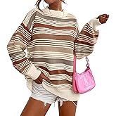 Womens Contrast Striped Pullover Sweaters Crewneck Long Sleeve Loose Colorblock Knit Jumper Casual Oversized Fall Tops Brown