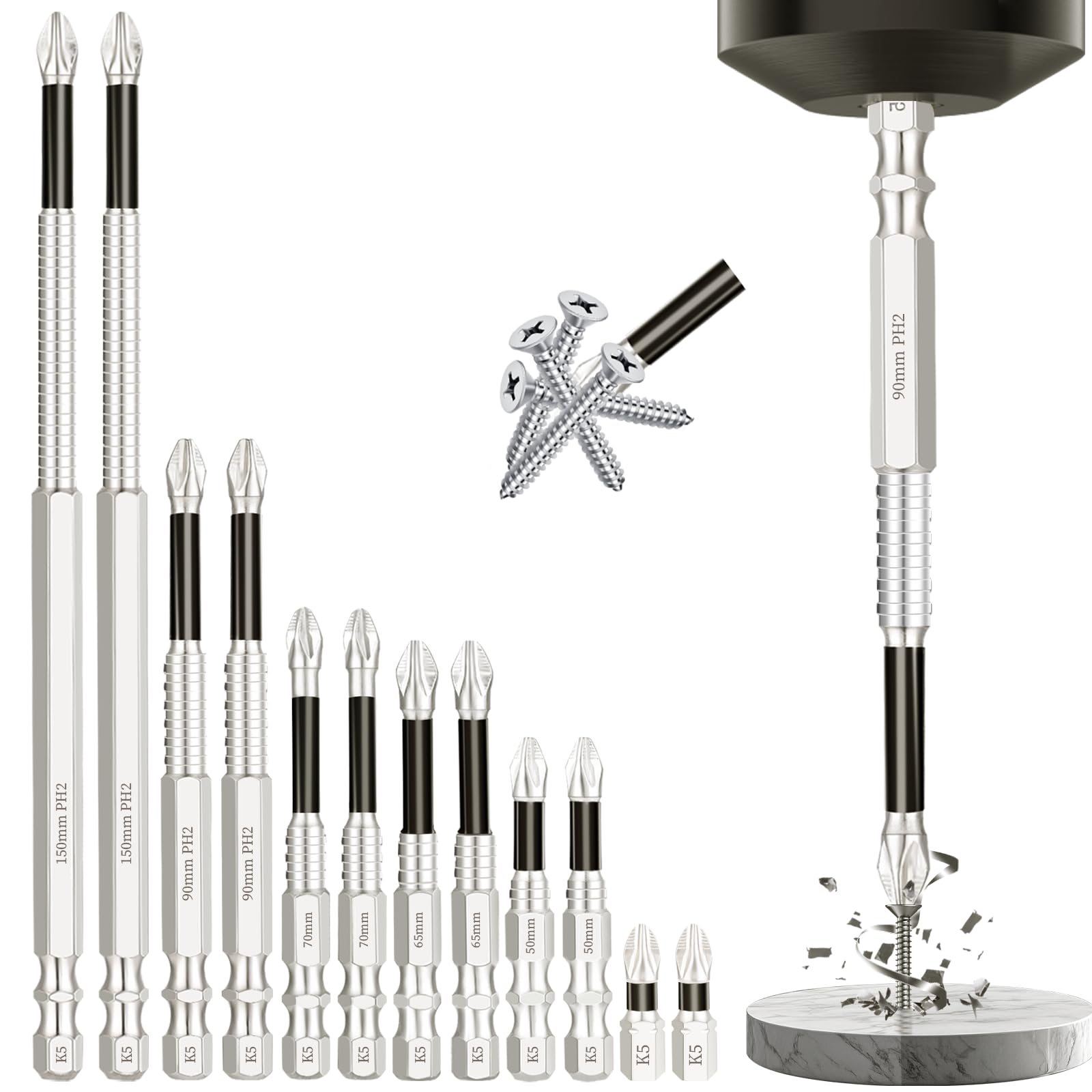 Photo 1 of 12pcs High Magnetic Screwdriver Drill Bit Set?Magnetic Drill Bit Set?k5 Impact Resistant Non Slip Bit?Upgrade Fixion Tools Drill Bits-25 50 65 70 90 150mm