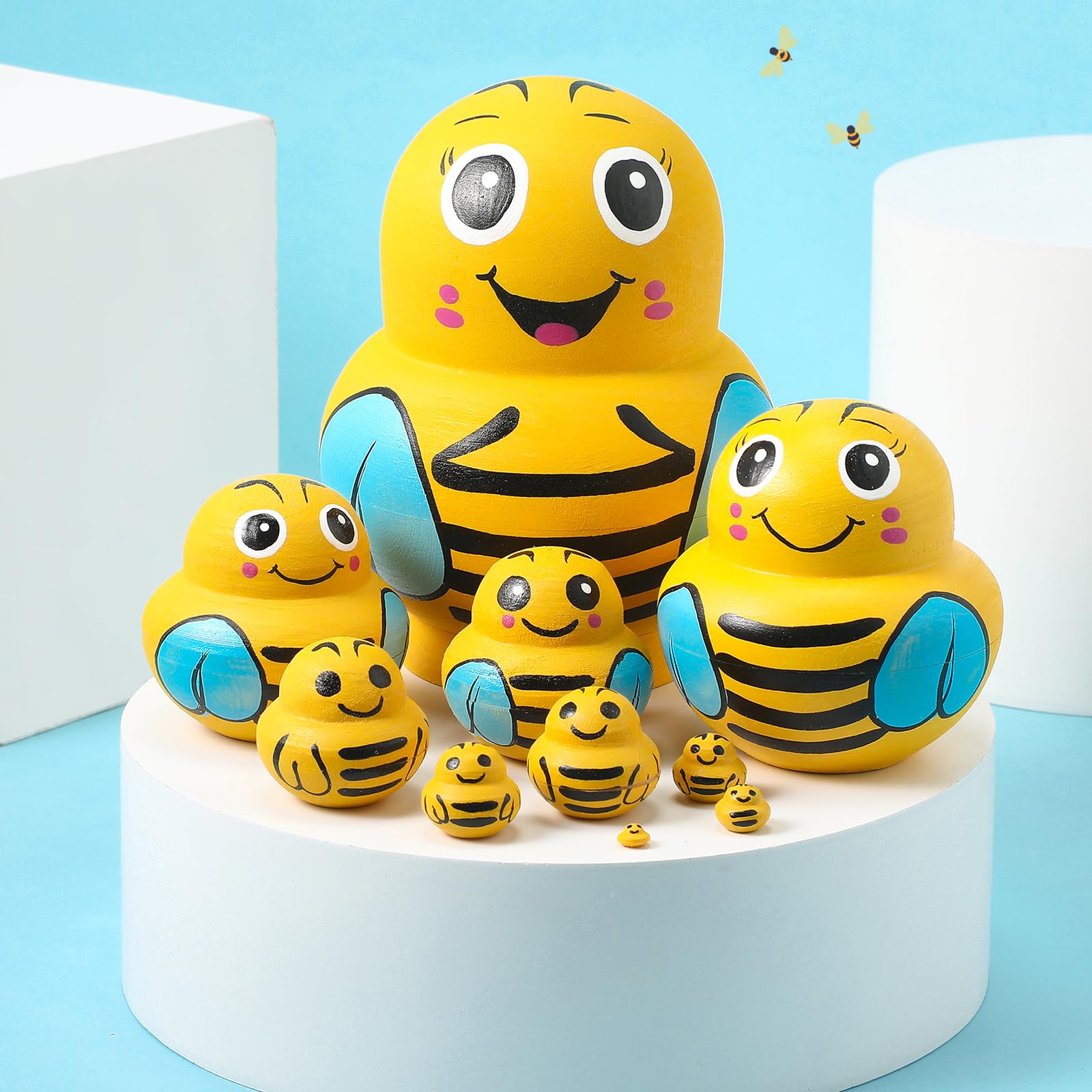 Seenelling 10 Pcs Wooden Handmade Russian Nesting Dolls Toys Animal Russian Cute Nesting Dolls for Christmas Home Decor Birthday Gift(Yellow Bee)
