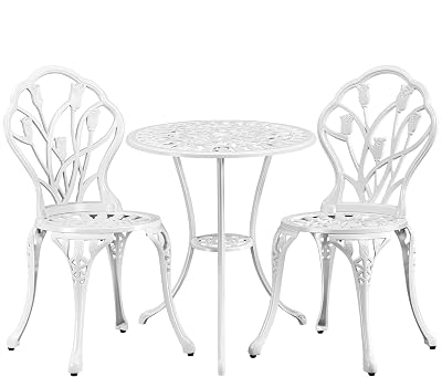 Yaheetech 3 Piece Patio Bistro Set White Aluminum Table 2 Chairs Rose Vine