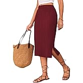 Naggoo Knitted Midi Skirts for Women Summer Elastic High Waisted Side Slit Long Skirt