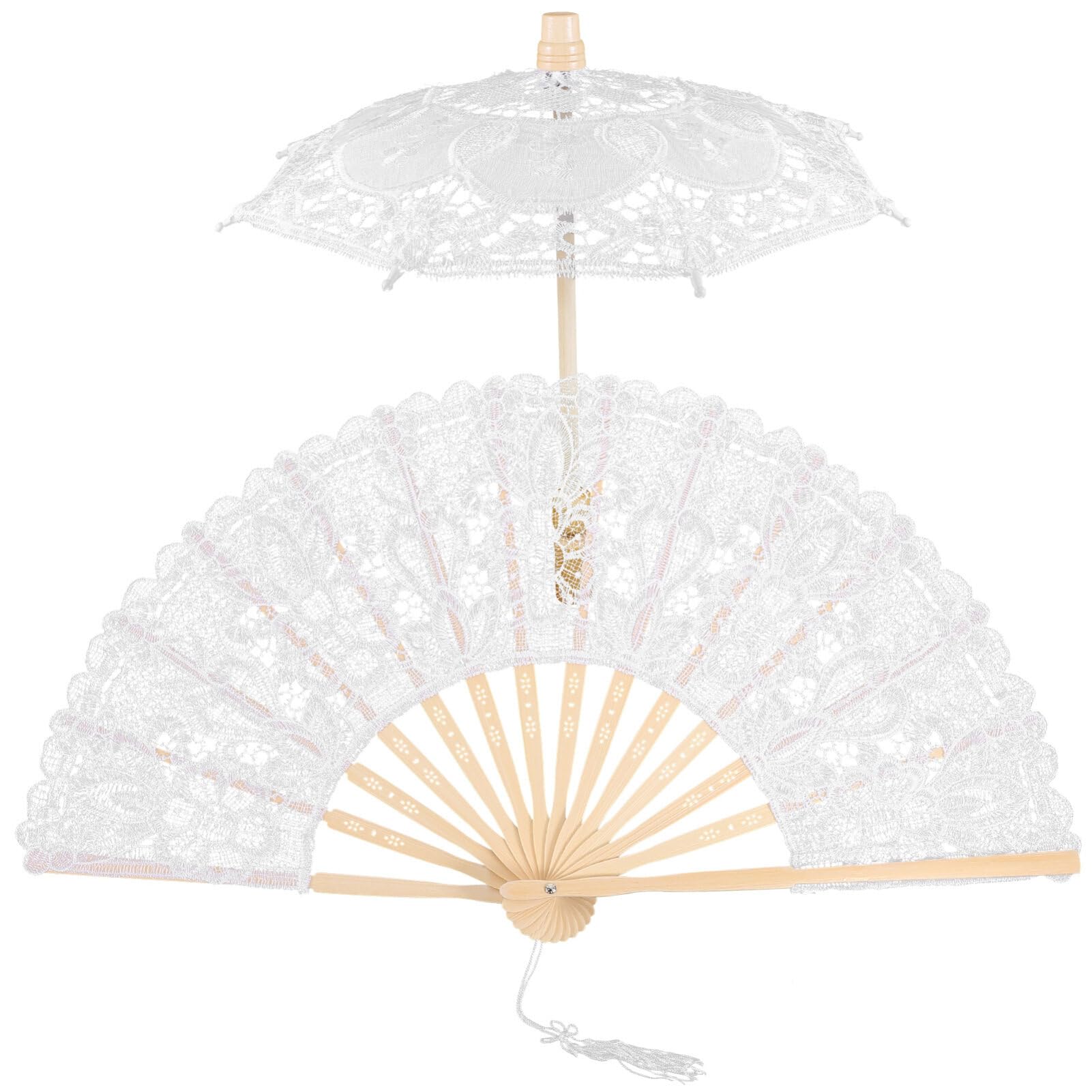 Photo 1 of Luxshiny 1 Set White Lace Parasol Umbrella Folding Handheld Fan Embroidered Vintage Wedding Bridal Lace Umbrella Bridal Hand Fan for Decoration Photo Tea Party
