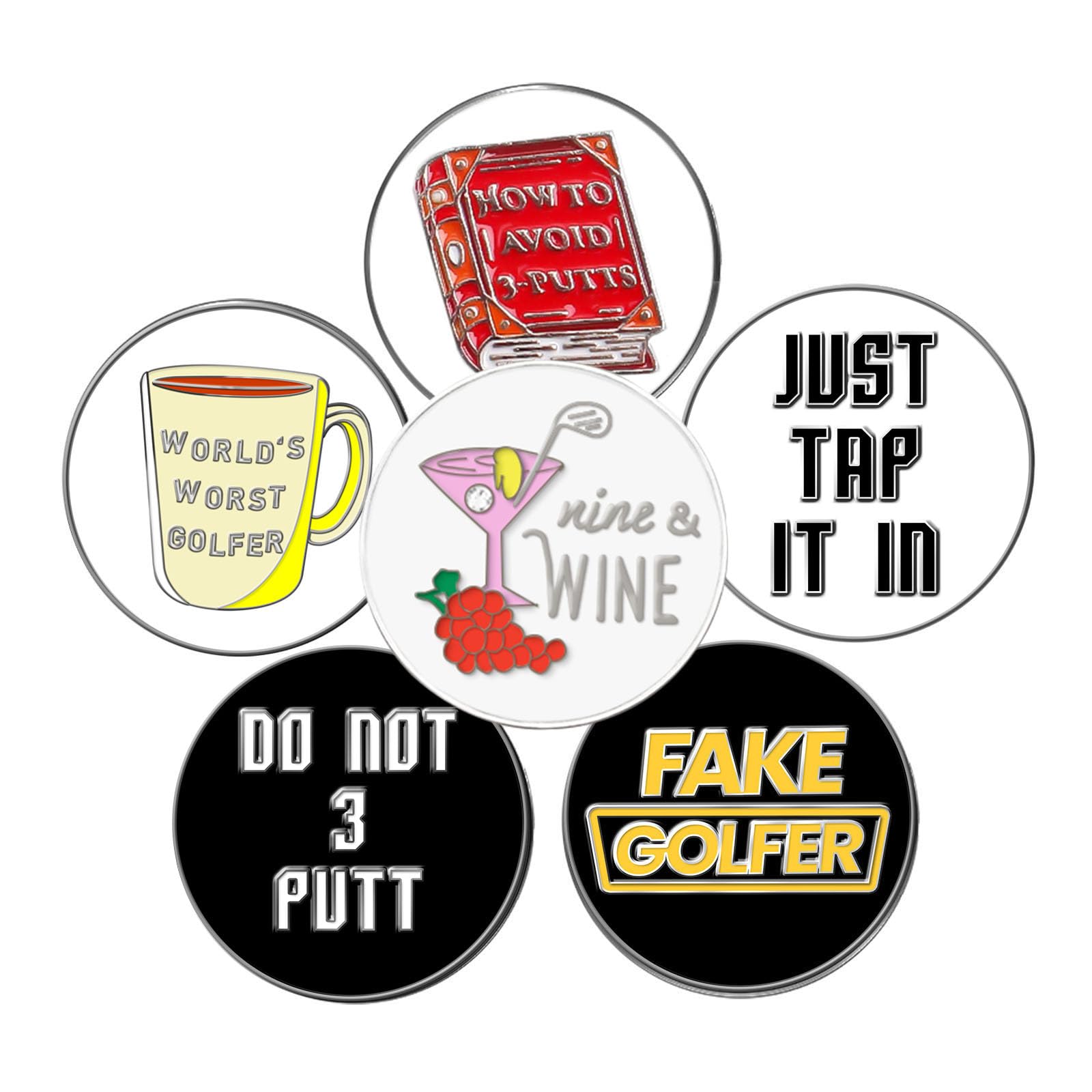 FINGER TEN Golf Ball Marker for Ladies Men Value 6 Pack, Golf Accessories Ballmarker Magnetic fit Golf Divot Tools Hat (Mixed Style)