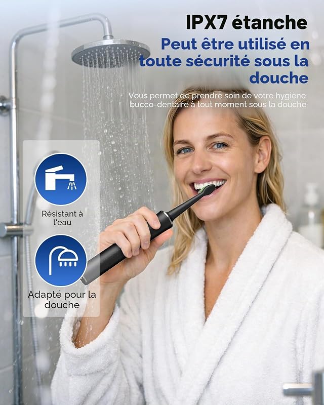 Brosse À Dents Électrique Sonique Pour Adulte – 5 Modes, 45 Jours D’autonomie, 8 Têtes De Brosse, Étanche Ipx7, Minuterie Intelligente, Adaptée Aux Voyages – Brosses À Dents Complet (Noir)