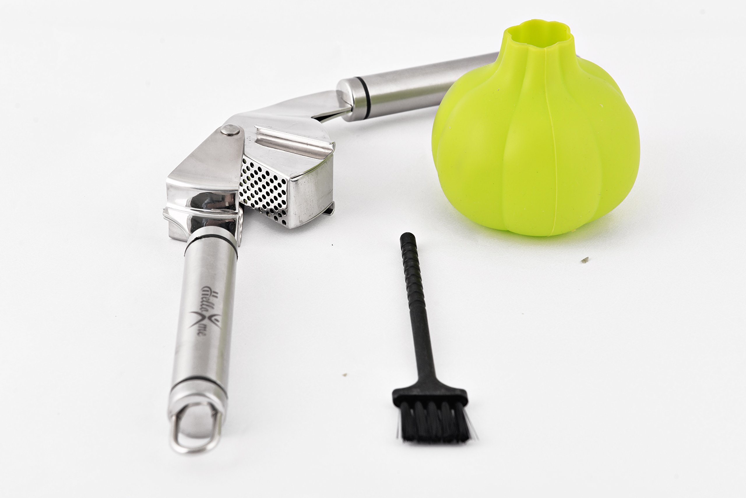 Garlic Press With Peeler and Brush Set,Hello X Me High-End Stainless Steel Garlic Press, Top Quality Garlic Mincer, Garlic Crusher, Garlic Masher and Silicone Roller, Soft-Handled Garlic Press