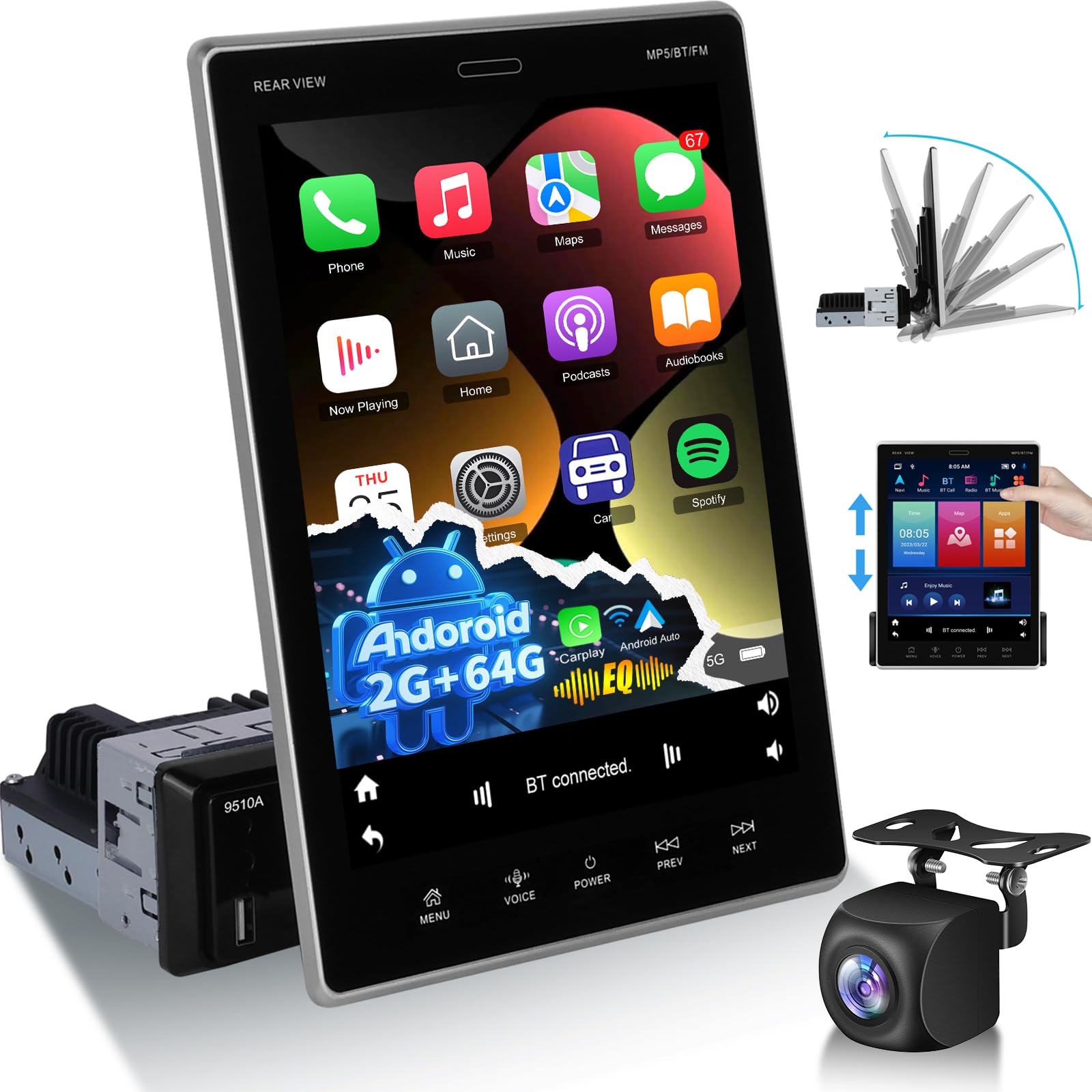 Photo 1 of [2+64G] Android Single Din Carplay Radio - 9.5 Inch Movable Vertical Touch Screen Car Stereo with Wireless Android Auto, EQ, WiFi, GPS, Fast Charging, Mirror Link + AHD Backup Camera & MIC