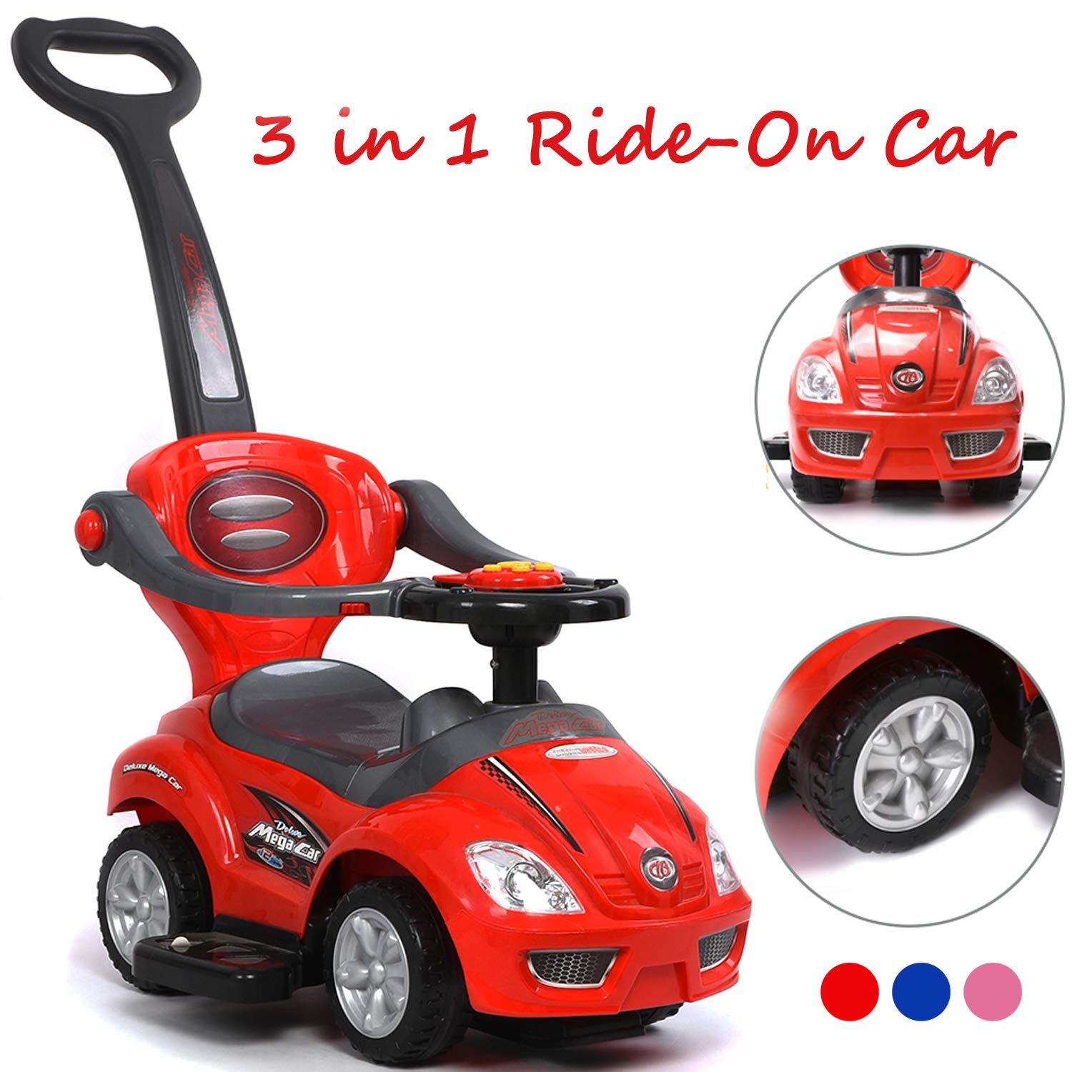 Chromewheels 3 In 1 Ride On Toys Pushing Car With Guardrailmega Car For Toddler Wagon Handle Strollercolor Red