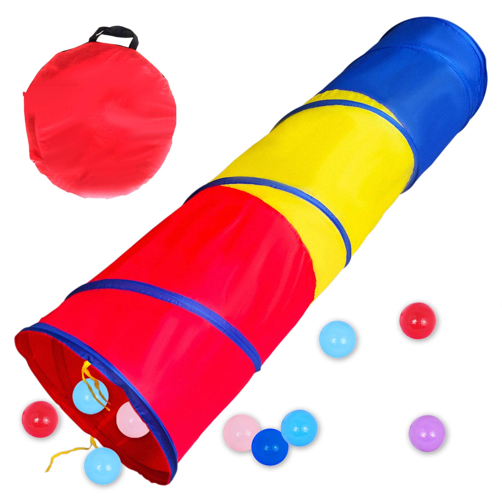 PigPigPen 6-ft Kids Tunnel for Toddlers, Pop Up Play Tunnel Tent for Babies or Dogs, Indoor & Outdoor Toys for Kids Backyard Playset. (Red,Yellow,Blue Play Tent)