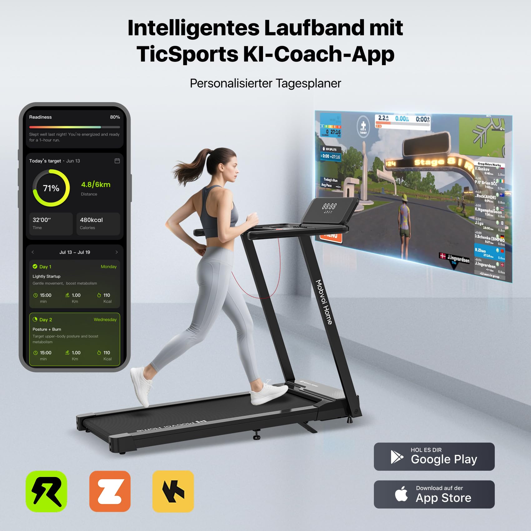 Mobvoi Home Laufband Ultra Intelligente KI 3-in-1 Gehpad mit 6% Steigung 2,5 PS Laufband zum Gehen und Laufen Halterung für Tasse Telefon Laptop Große Lauffläche TicSports Zwift Kinomap 12km/h 120kg 5