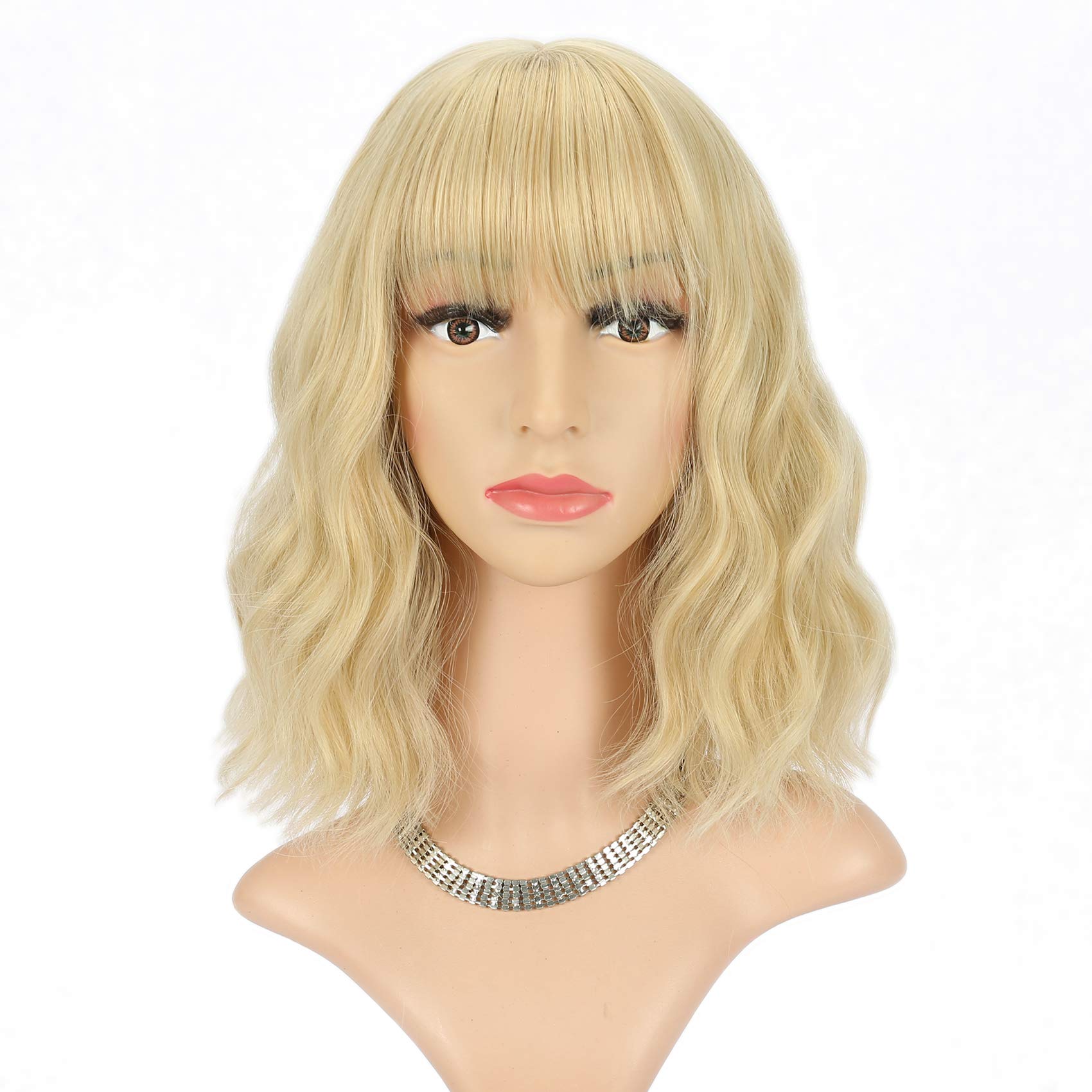 FAELBATY Blonde Wig With Bangs Short Wavy Bob Shoulder Length Synthetic Cosplay Wig for Women (12" Mix Blonde Color 6186)