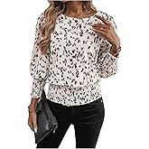 SweatyRocks Women's Lantern Long Sleeve Shirred Trim Round Neck Smocked Blouse Crop Tops