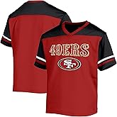 NFL Kids Youth 8-20 Officially Licensed Team Color Wordmark Primary Logo Victory Stripe V-Neck Jersey T-Shirt
