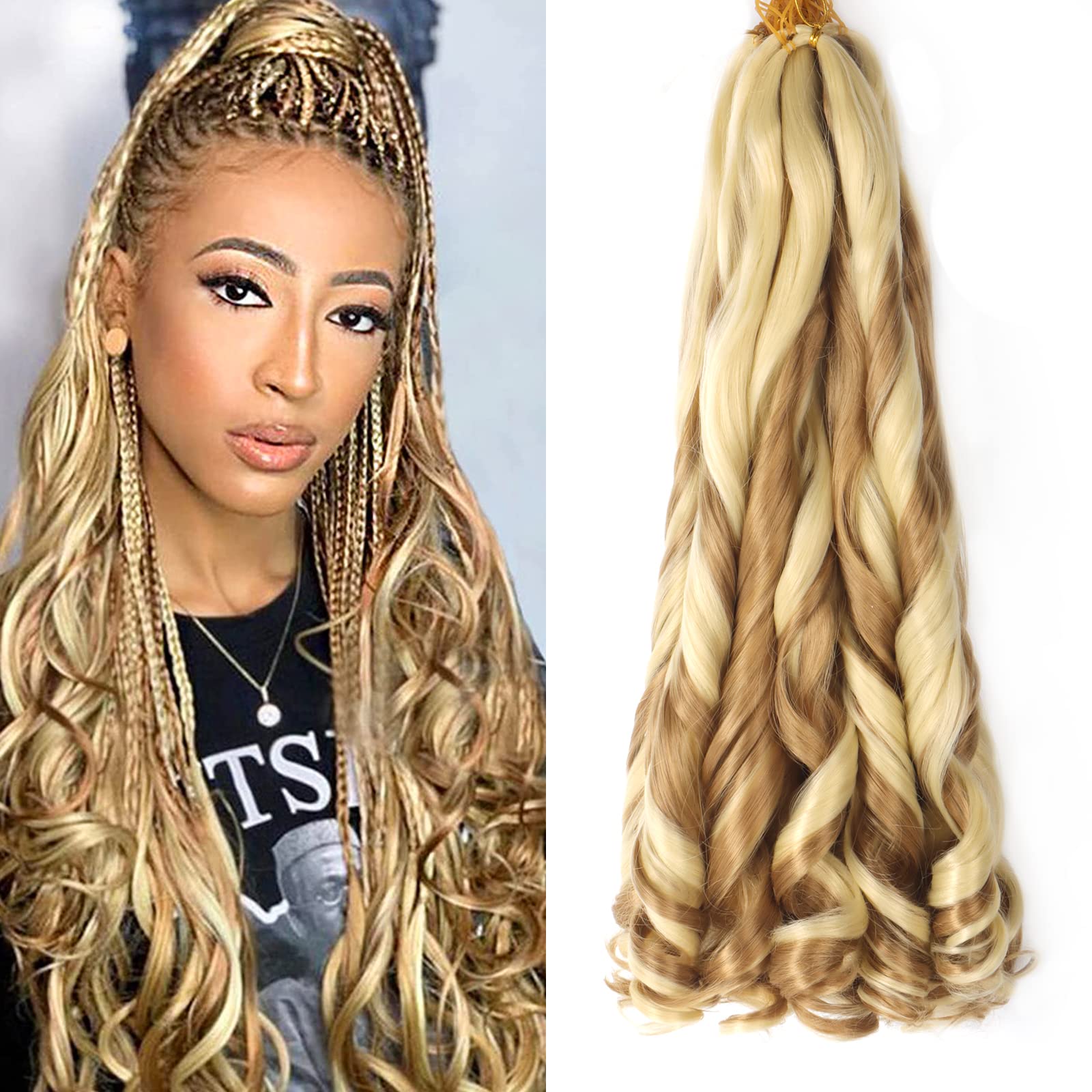22 inch French Curl Braiding Hair 8 Pack Loose Wavy Spiral Curl Braids Crochet Hair Deep Wave Synthetic Extensions Pre Stretched Bouncy Braiding Hair(22 Inches, 27-613) — image 1