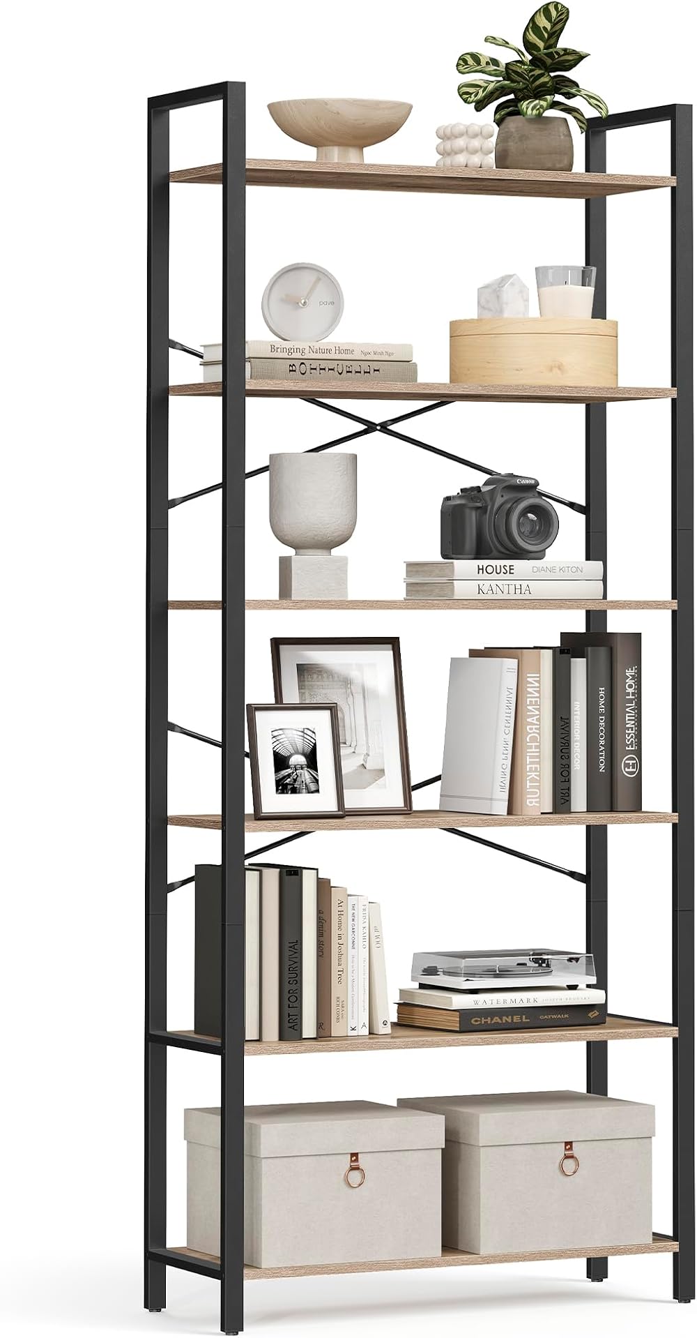 VASAGLE 6-Tier Bookshelf 30 x 80 x 186 cm Industrial Camel Brown Black LLS082B50