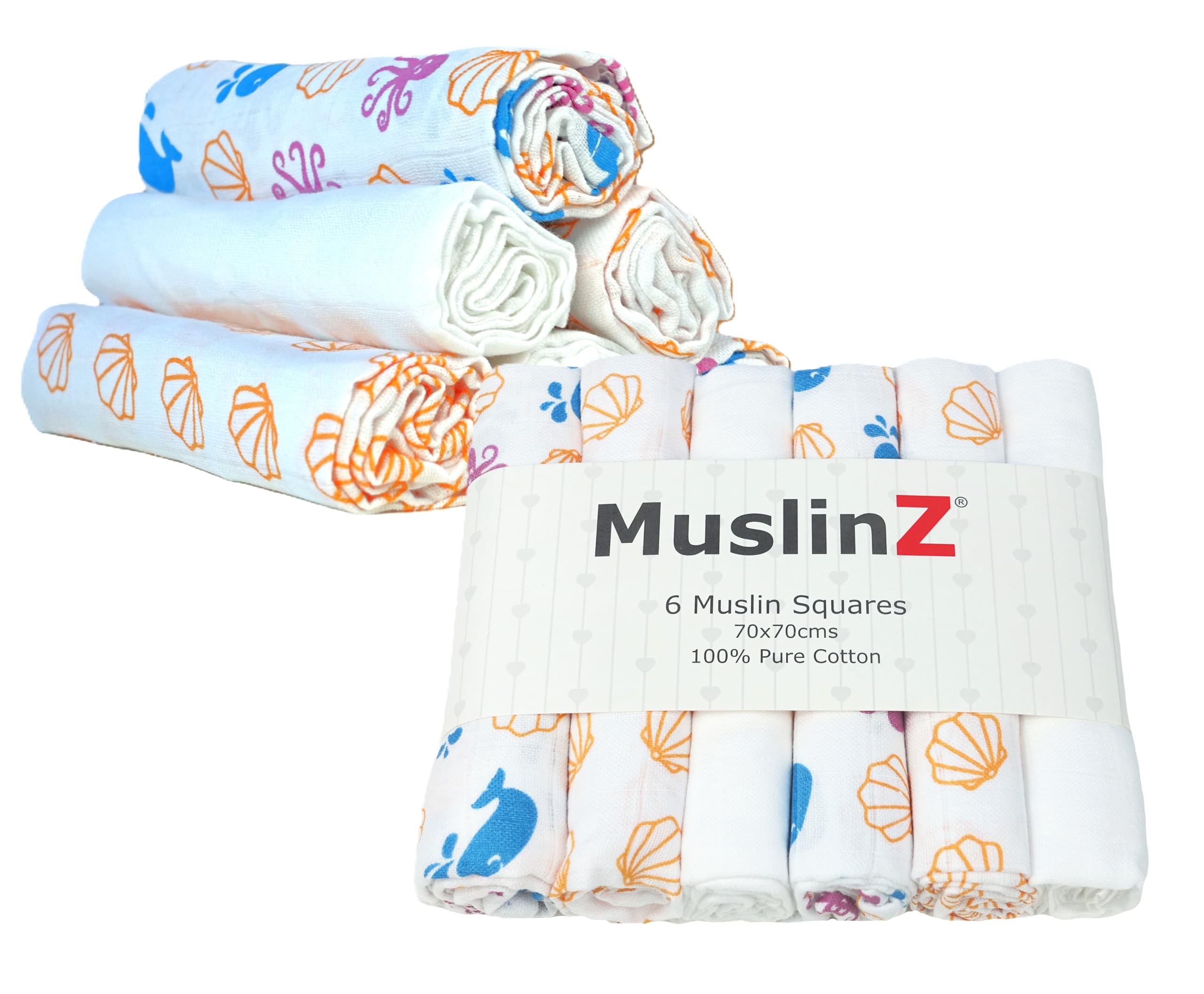MuslinZ Muslin Cloths for Baby - Baby Burp Cloths - 6 Pack Muslin Squares - Large 70x70cm - Pure Cotton - Soft, Absorbent & Breathable - Multi Use Newborn Cloths - UK Brand (Sealife)