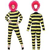 Shyyween 2 Pcs Halloween Tree Costume Set for Adult Pink Wig Yellow Black Striped Bodysuit Jumpsuit for Woman Man Halloween Cosplay Party Novelty Outfit Dress up Accessories