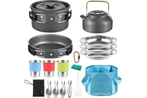 Aomiun 22Pcs Camping Cookware Set for 3 People with Pot Pan Kettle Cup Rice Ladle, Folding Spork and Bucket Storage Sack for 