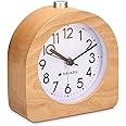 Navaris Wood Analog Alarm Clock - Half-Round Battery-Operated Non-Ticking Clock with Snooze Button and Light - Light Brown